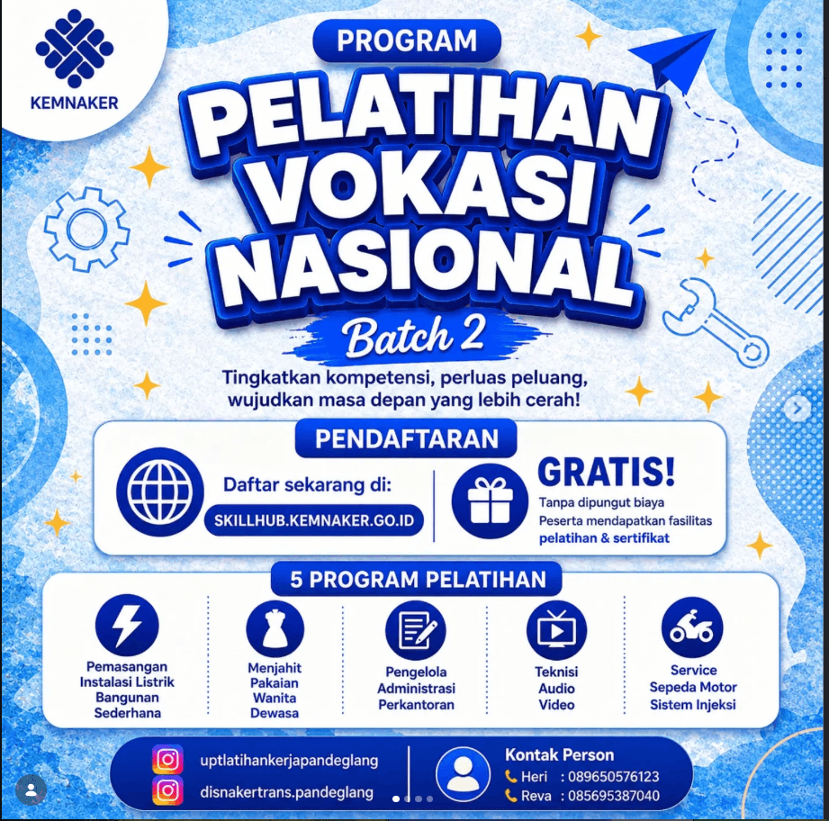 Pelatihan Vokasi Nasional Batch 2 di UPT Latihan Kerja Kabupaten Pandeglang dibuka!